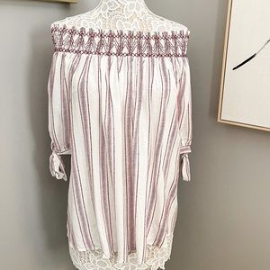 Burgundy + White Off The Shoulder Top